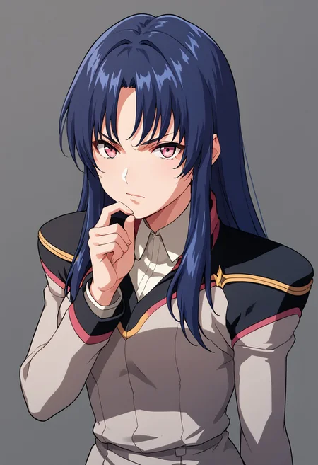 score_9, score_8_up, score_7_up, score_6_up, score_5_up, score_4_up, source_anime, nicky taylor, blue hair, long hair, pink eyes, military uniform, thinking pose