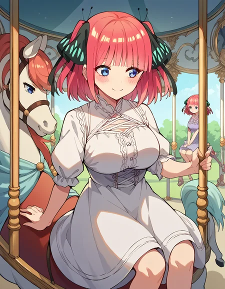 score_9, score_8_up, score_7_up, source_anime, <lora:nnakano-s2-ponyxl-lora-nochekaiser:1>, short hair, bangs, blue eyes, hair ornament, hair ribbon, pink hair, blunt bangs, two side up, butterfly hair ornament, large breasts,, <lora:carousel-ponyxl-lora-nochekaiser:1>, carousel, sitting, riding,, blush, smile, casual dress, solo,,