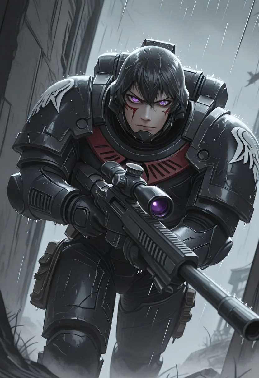 masterpiece, best quality, high quality, newest, highres,8K,HDR,absurdres, dynamic angle, realistic, 1boy, wearing edgRG_(power armor), pauldrons, raven emblem, solo, 1boy, a handsome, Raven, black hair, grey hair, purple eyes, black eyes, perfect eyes, holding a sniper, broken window, silhouette, creepy, backlit, haunted, lightnings and thunders, rain, rainy, fog, mist, cold, dutch angle, dark interior, solo, close up, mid shot, dutch angle, <lora:edgIllustriousXL_Raven_Guard:1>