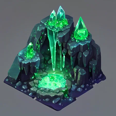 ((masterpiece, best quality)), absurdres, Isometric_Setting, highly detailed, Isometric_Setting, cave, green crystal, magic, green glowing, slime, <lora:Stylized_Setting_SDXL:0.8>