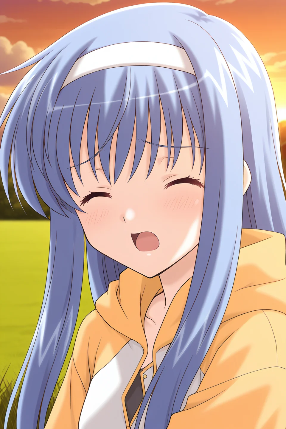masterpiece, best quality, absurdres, official art, official style, rating general BREAK <lora:takayashikimatsuri_IL_v1-1:0.7>, takayashiki matsuri, 1girl, solo, blue eyes, blue hair, long hair, sidelocks, white hairband, casual, white hoodie, yellow sleeves, yellow hood, hood down, short sleeves, raglan sleeves, outdoors, grass, sunset, cloud, sky, upper body, portrait, scenery, upskirt, field, cloudy sky, twilight, evening, blurry, orange sky,
blush, closed eyes, open mouth, raised eyebrows, upset