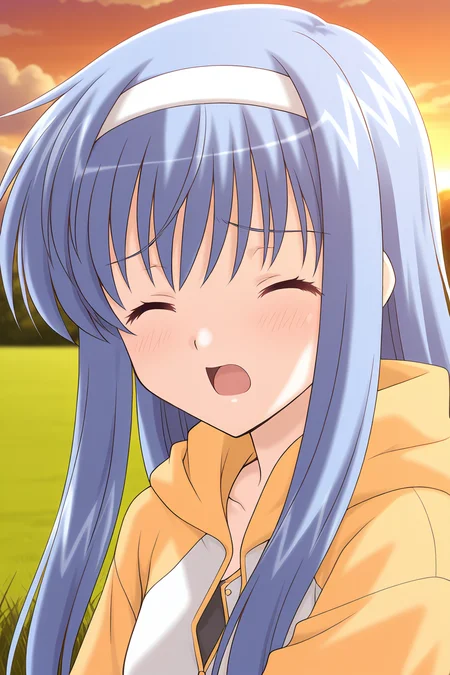 masterpiece, best quality, absurdres, official art, official style, rating general BREAK <lora:takayashikimatsuri_IL_v1-1:0.7>, takayashiki matsuri, 1girl, solo, blue eyes, blue hair, long hair, sidelocks, white hairband, casual, white hoodie, yellow sleeves, yellow hood, hood down, short sleeves, raglan sleeves, outdoors, grass, sunset, cloud, sky, upper body, portrait, scenery, upskirt, field, cloudy sky, twilight, evening, blurry, orange sky,
blush, closed eyes, open mouth, raised eyebrows, upset