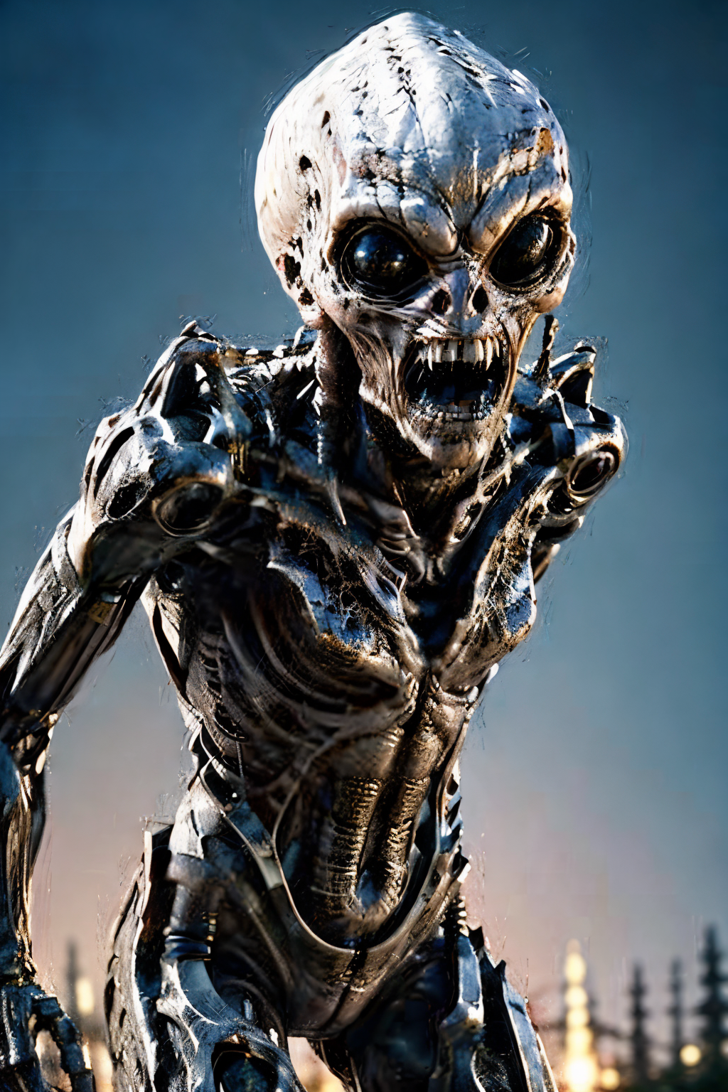 woman,  bone, sharp_teeth, tongue_out, glowing, glowing_eyes, ribs, <lora:EdobMonsterFemale2_v2.0:0.7> explosions in the background, night sky, full body shot (Realisitc:1.5) woman terminator, big breasts, <lora:EdobTerminatorHybridFemale_v1.0:0.5> alien woman wearing Pink lace boyshorts and a matching pink lace bralette <lora:EdobAlienFemale_v1.0:0.6>