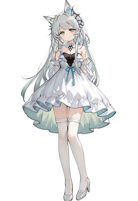 artist:Tsunako,(artist:miyase mahiro:0.55),(artist:ke-ta:0.8),masterpiece,best quality,amazing quality,1girl, rosmontis(arknights),rosmontis,arknights,grey hair,green eyes,yinlvlianjue,white thighhighs,heels,white footwear,frilled,strap dress,detached sleeves,detached collar,hair_ornaments,arm scar,white background,standing,arms behind back,blush,head tilt,