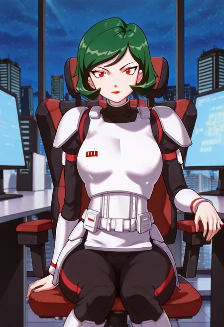 masterpiece, best quality, good quality, <lora:PMWendyIL:0.9>, PMWendy, 1girl, solo, green hair, short hair, red eyes, lipstick,stormtrooper, armor, white armor, black bodysuit, bodysuit under clothes,
looking at viewer, sitting, monitor
BREAK indoors, day, office, swivel chair, window, night sky, cityscape,