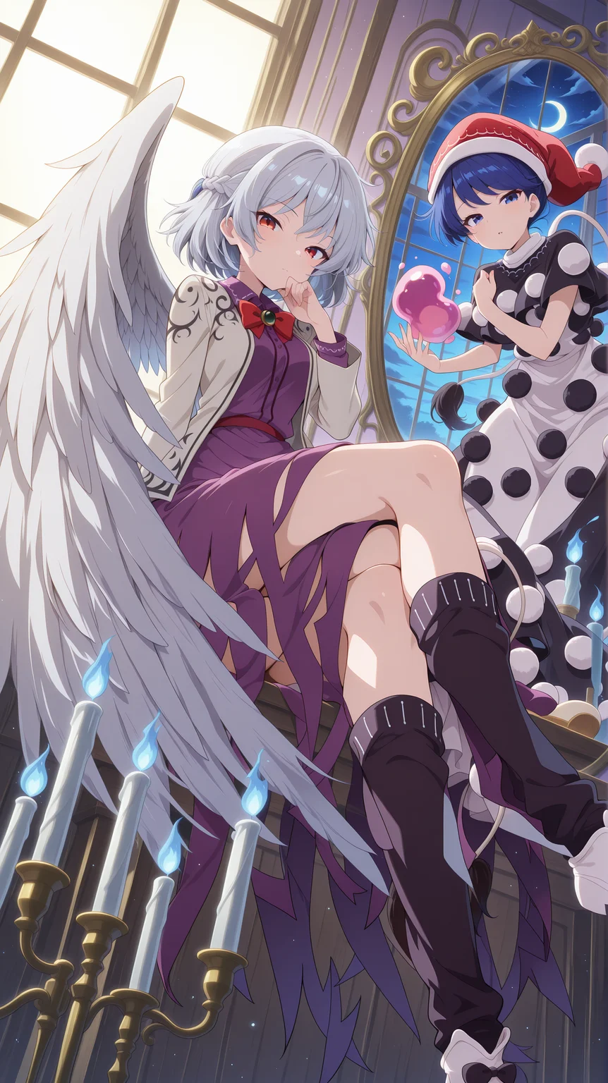absurdres, highres, masterpiece, best quality, amazing quality, official anime artwork, screencap, anime screencap, 2girls, indoors, window, mirror, dream soul, light particles, looking at viewer, crescent moon, cloud, BREAK
<lora:Sagume-Kishin_Illustrious:1> kishin sagume, 1girl, solo, red eyes, grey hair, short hair, french braid, single wing,, red bowtie, white jacket, long sleeves, purple dress, crossed legs, hand on own face, closed mouth, BREAK
<lora:Doremy-Sweet_Illustrious:1> doremy sweet, 1girl, solo, blue eyes, blue hair, short hair, tapir tail,, black capelet, white dress, nightcap, red hat, pom pom \(clothes\), white footwear, parted lips,