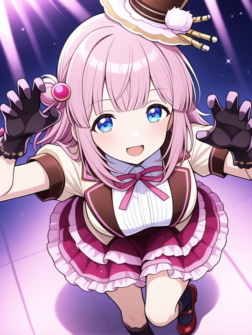 perfect quality,best quality,absolutely eye-catching,ambient occlusion,raytracing BREAK
1girl,<lora:miki utahosi IL v1.1:0.8>,utahosi,pink hair,medium hair,blue eyes,hat,hair ornament,idol,alternate costume,short sleeves,frilled skirt,kneehighs,mary janes,black gloves,solo,, from above,portrait,leaning_forward,claw_pose,arm_above_head,convenient_leg,