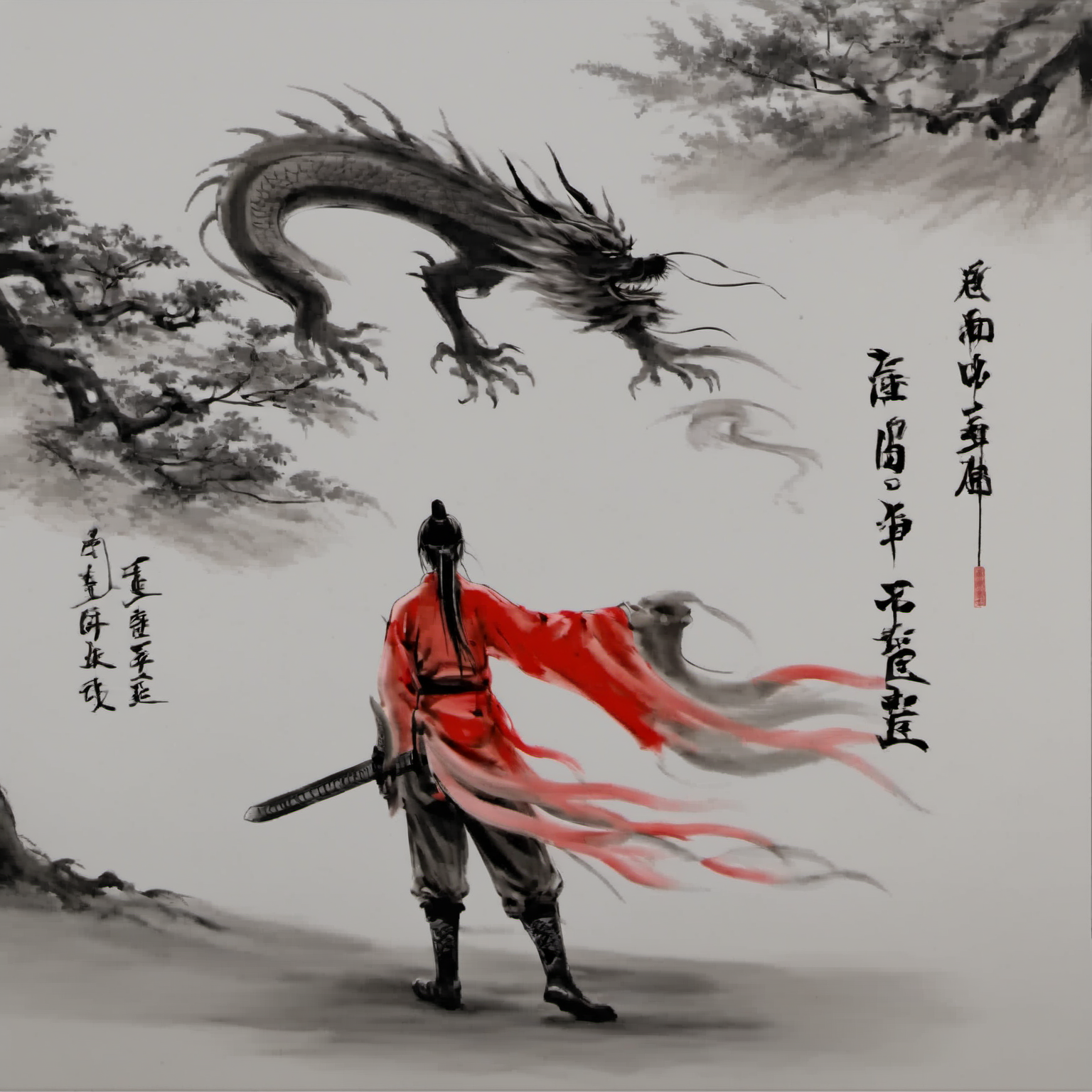 <lora:ink_xiakexing_xl:0.8>,1girl,red dress,dragon,ink painting,tree,
ink painting,a drawing of a person with a long hair and a sword in his hand and a chinese writing on the wall,solo,1boy,hat,holding,standing,monochrome,weapon,greyscale,male focus,boots,sword,grey background,from behind,holding weapon,holding sword,letterboxed,topknot,long sleeves,ponytail,japanese clothes,katana,walking,chinese text,facing away,
