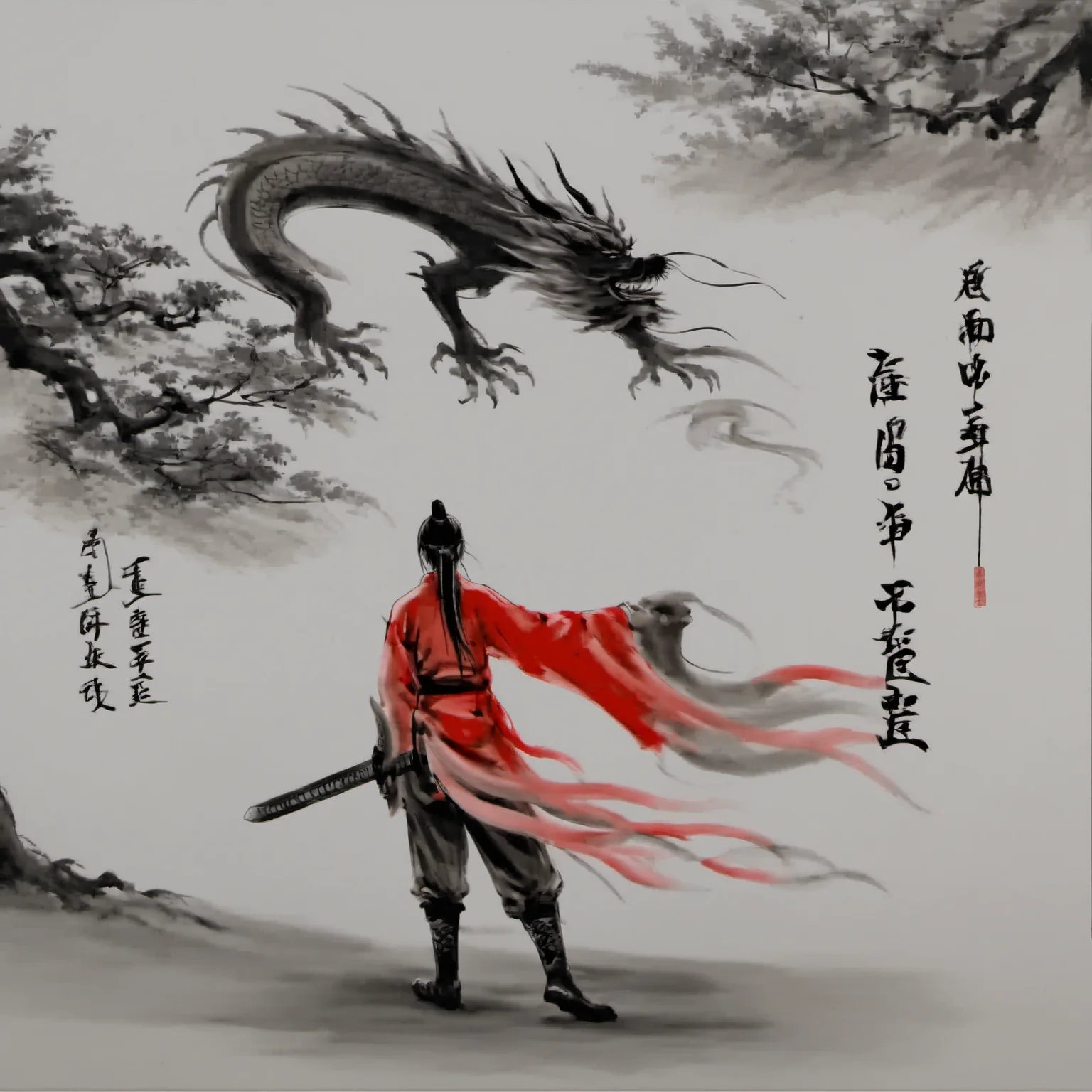<lora:ink_xiakexing_xl:0.8>,1girl,red dress,dragon,ink painting,tree,
ink painting,a drawing of a person with a long hair and a sword in his hand and a chinese writing on the wall,solo,1boy,hat,holding,standing,monochrome,weapon,greyscale,male focus,boots,sword,grey background,from behind,holding weapon,holding sword,letterboxed,topknot,long sleeves,ponytail,japanese clothes,katana,walking,chinese text,facing away,