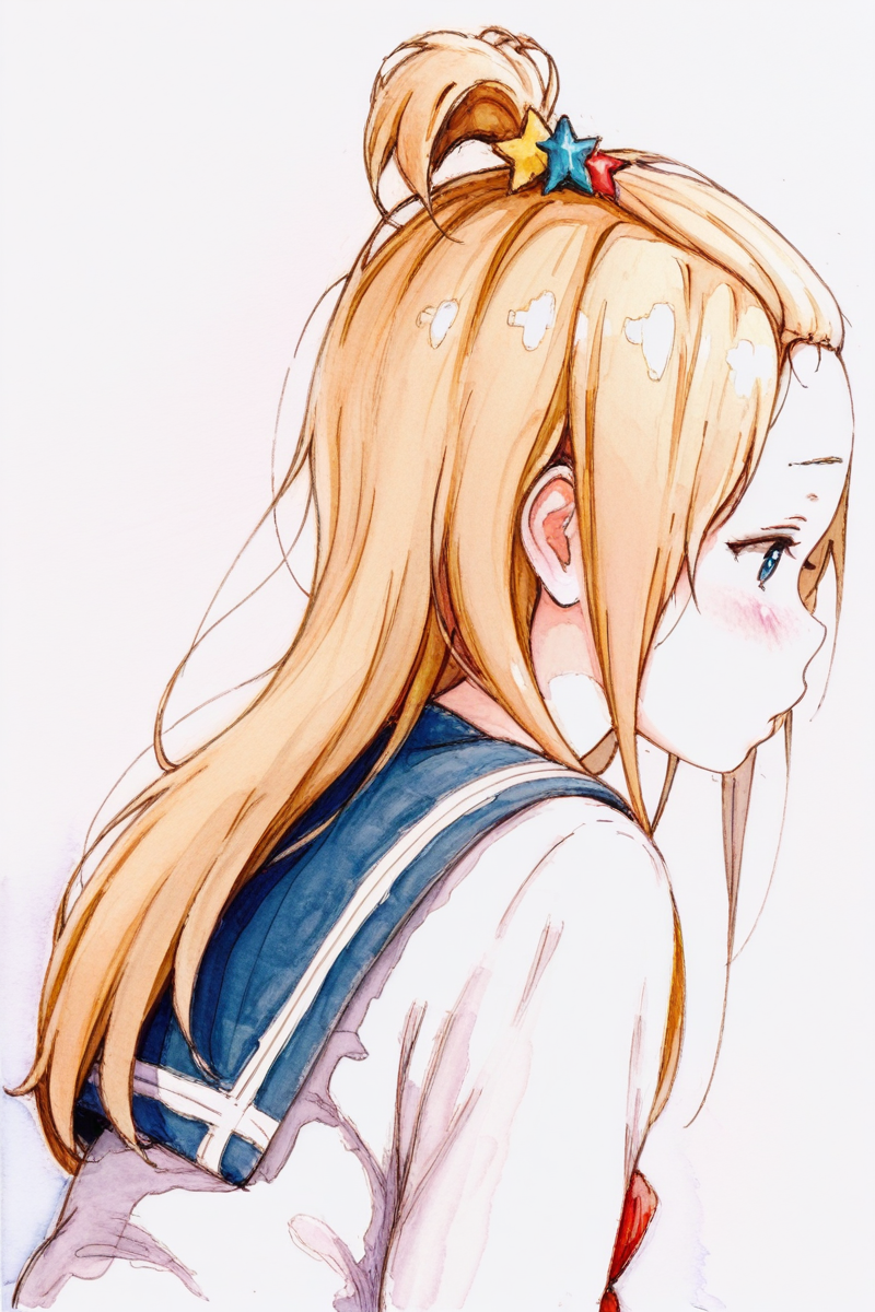 masterpiece, best quality, amazing quality,
 <lora:Bbmasa_IL:1> bbmasa, 1girl, solo, long hair, school uniform, hair ornament, blonde hair, traditional media, star hair ornament, profile, star (symbol), serafuku, blush, bangs pinned back, simple background, from side, sketch, colored pencil (medium), watercolor (medium), painting (medium),