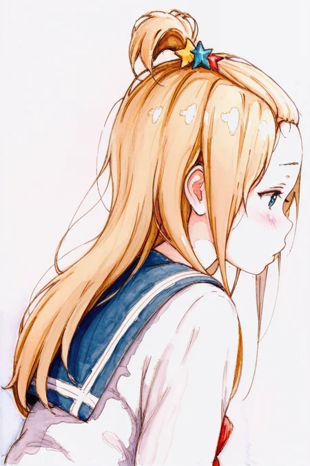 masterpiece, best quality, amazing quality,
 <lora:Bbmasa_IL:1> bbmasa, 1girl, solo, long hair, school uniform, hair ornament, blonde hair, traditional media, star hair ornament, profile, star (symbol), serafuku, blush, bangs pinned back, simple background, from side, sketch, colored pencil (medium), watercolor (medium), painting (medium),