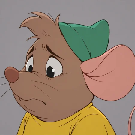 masterpiece, best quality, amazing quality, gusgus, male, furry male, solo, anthro, mouse, brown fur, short hair, black eyes, brown nose, whiskers, buck teeth, tail, chubby, green hat, yellow shirt, sad, close-up, portrait, grey background
