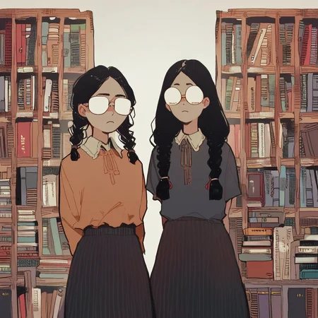 score_9, score_8_up, score_7_up, source_anime BREAK 2girls, twin braids, black hair, nerds, opaque glasses standing, cowboy shot, library, books, hands behind back, parted bangs, long hair, skirt, thinghighs, rating_questionable
