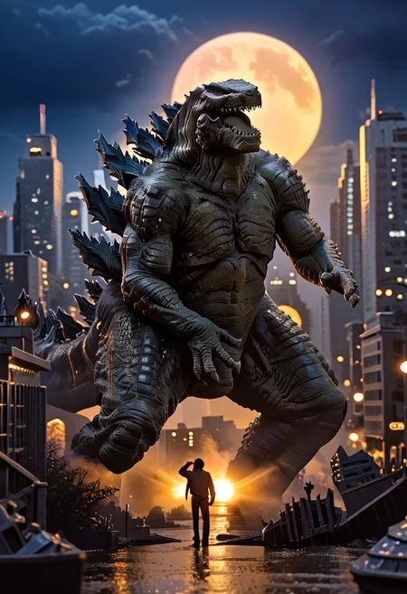 Score_9, score_8_up, score_7_up, score_6_up, wide shot, monster focus, BREAK, realistic,hyperrealism,ornate,studio photograph, Godzilla zilla_1998 kaijuu,gigantic monster, model_buildinga, model_kit_(medium), city skyline, plastic buildings, forced perspective, redsky, black clouds, yellow full moon, blurry background, building, outdoors, night, no_humans