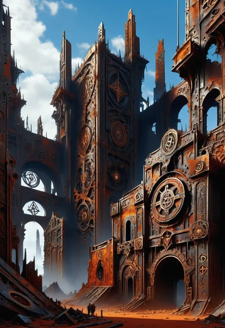 hyper detailed masterpiece, dynamic, awesome quality,DonM0ccul7Ru57XL ruined trade territory ,rust,occult<lora:DonM0ccul7Ru57XL-000006:1.0>