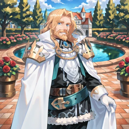 <lora:OrdeneIL:0.85> , ordedef, 1boy, blue eyes, blonde hair, long hair, facial hair, mustache, beard, white cape, collared cape, armor, pauldrons, white gloves, fur-trimmed skirt, black skirt, black pants, belt, cowboy shot, grin, exterior, garden, pond, courtyard, roses, flowers , old man, wrinkles, looking at viewer, solo, masterpiece, very aesthetic, absurdres, best quality, amazing quality, high resolution, newest, very awa, <lora:illustrious_quality_modifiers_masterpieces_v1:0.8> , <lora:ChamIllustriousBackgroundEnhancer:0.5>,  ((solo)),