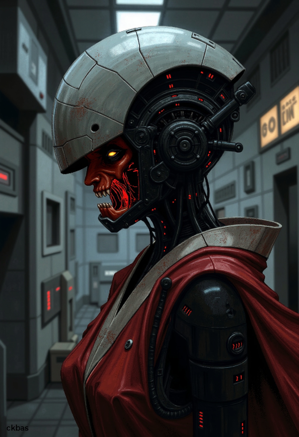 <lora:ck-BaSS-V1-000015:0.8>
in the style of ckbas, woman hero Geisha is an android, the cyborg mask is open, the mechanical parts of the robot are visible inside, the android is very sinister and dangerous, from the epic movie Ghost in Armor, erie japanese laboratory background