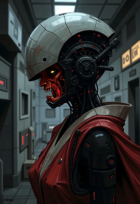 <lora:ck-BaSS-V1-000015:0.8>
in the style of ckbas, woman hero Geisha is an android, the cyborg mask is open, the mechanical parts of the robot are visible inside, the android is very sinister and dangerous, from the epic movie Ghost in Armor, erie japanese laboratory background
