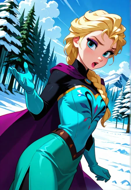 masterpiece, best quality, amazing quality, very aesthetic, absurdres,  newest, detailed background, cowboy shot, forest, snow, sky, clouds, wind, dynamic angle
elsadisney, solo, looking at viewer, short hair, blue eyes, blonde hair, gloves, single braid, purple cape, lips, makeup, lipstick, eyeshadow, blue gloves, elbow gloves, green skirt, hair over one shoulder, single braid, long hair, hair over shoulder, open mouth, 1girl
 <lora:Elsa_-_Disney_Illustrious-000006:1>