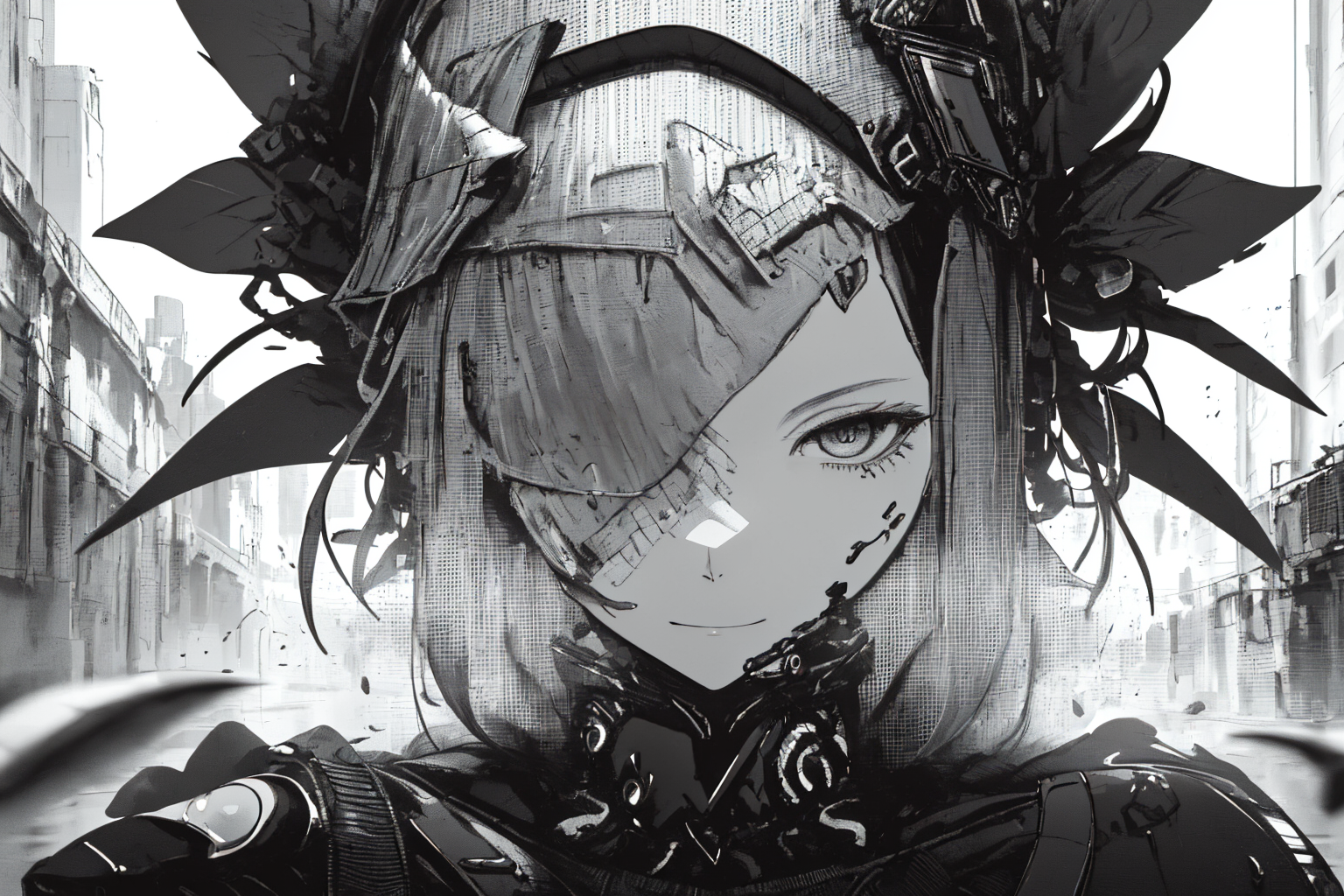 <lora:Blame!:1> heavy black and white, cyborg girl portrait,  OrganicBiomArt, ((monochrome)), smirk512, photorealistic, 185mm f/1. 4 iso 100, cinematic 8k, cinematic hbo, crisp quality and light reflections, bioluminescent details, backlighting, colorgrading, post-processing, vivid color, full hd, 8k ultra high definition
real-time path tracing, Oodle Texture,  mesh skin
(Masterpiece:1.3),, skin pores, textured skin, perfect composition, masterpiece, intricate, concept art, high detail, very complex, extremely detailed, sidelighting, hard light, split shadow, vivid, brilliant, cinematic, dramatic, caustics, 20 megapixel, canon eos r3<lora:epiNoiseoffset_v2:1.0>