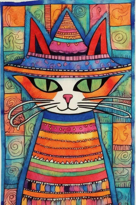 <lora:Laurel Burch Style:1>Laurel Burch Style - cat in a hat madhubani art batik watercolor vibrant