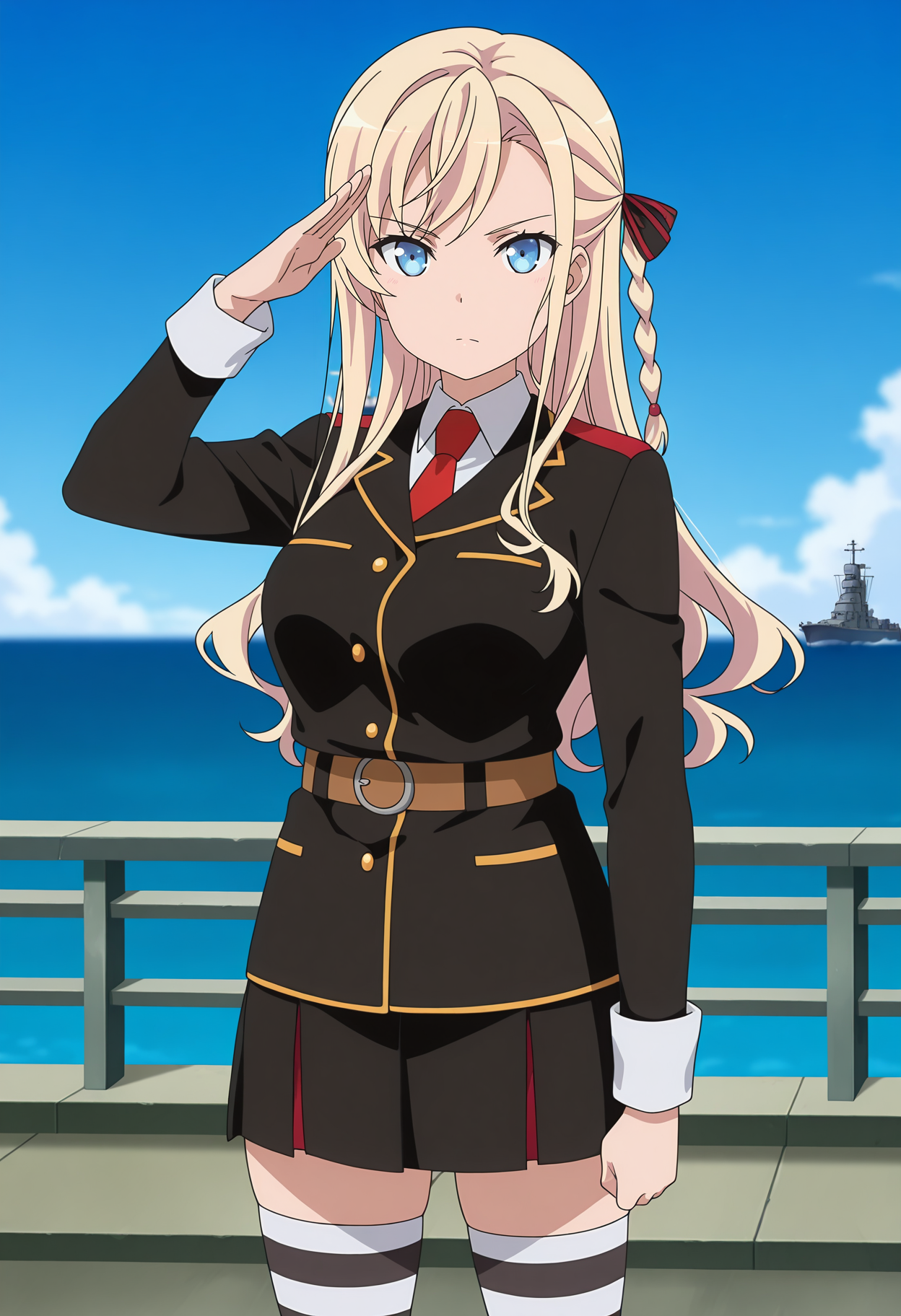 anime screencap, masterpiece, best quality,
<lora:HighSchoolFleet_WilhelminaFriedeburg_IlluXL:0.9>,
1girl, solo, serious,
long hair, swept bangs, single braid, blonde hair, blue eyes, hair ribbon,
naval uniform, black jacket, collared shirt, white shirt, red necktie, long sleeves, brown belt,
black skirt, striped thighhighs, white thighhighs, black thighighs,
salute, standing, looking at viewer, cowboy shot,
horizon, dock, outdoors, battleship, warship, blue sky, blurry background