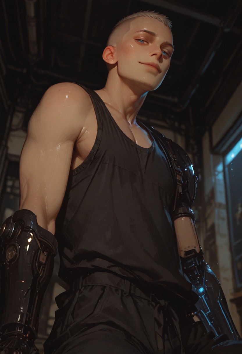 masterpiece, best quality, ultra-HD, volumetric lighting, masterpiece, best quality, absurdres, lowlighting ,best quality, realistic body, (impressionism:1.5), volumetric lighting,
masterpiece, highres, absurdres,
(blurry foreground:1.1), ((male, 1boy)), sci-fi environment, bright, clean, cowboy shot, view from below, 1boy, masculine, blond hair, (((buzzcut))), blue eyes, (one cybernetic arm, one organic arm), smirk, looking at viewer, black tank top, black baggy pants, sitting, face focus, solo, standing, indoors, academy hallway, neat, bright environment, florescent lights, depth of field, blurry soft ambient glow, intricate details, (blurry background, depth of field:1.1), sci-fi, university
