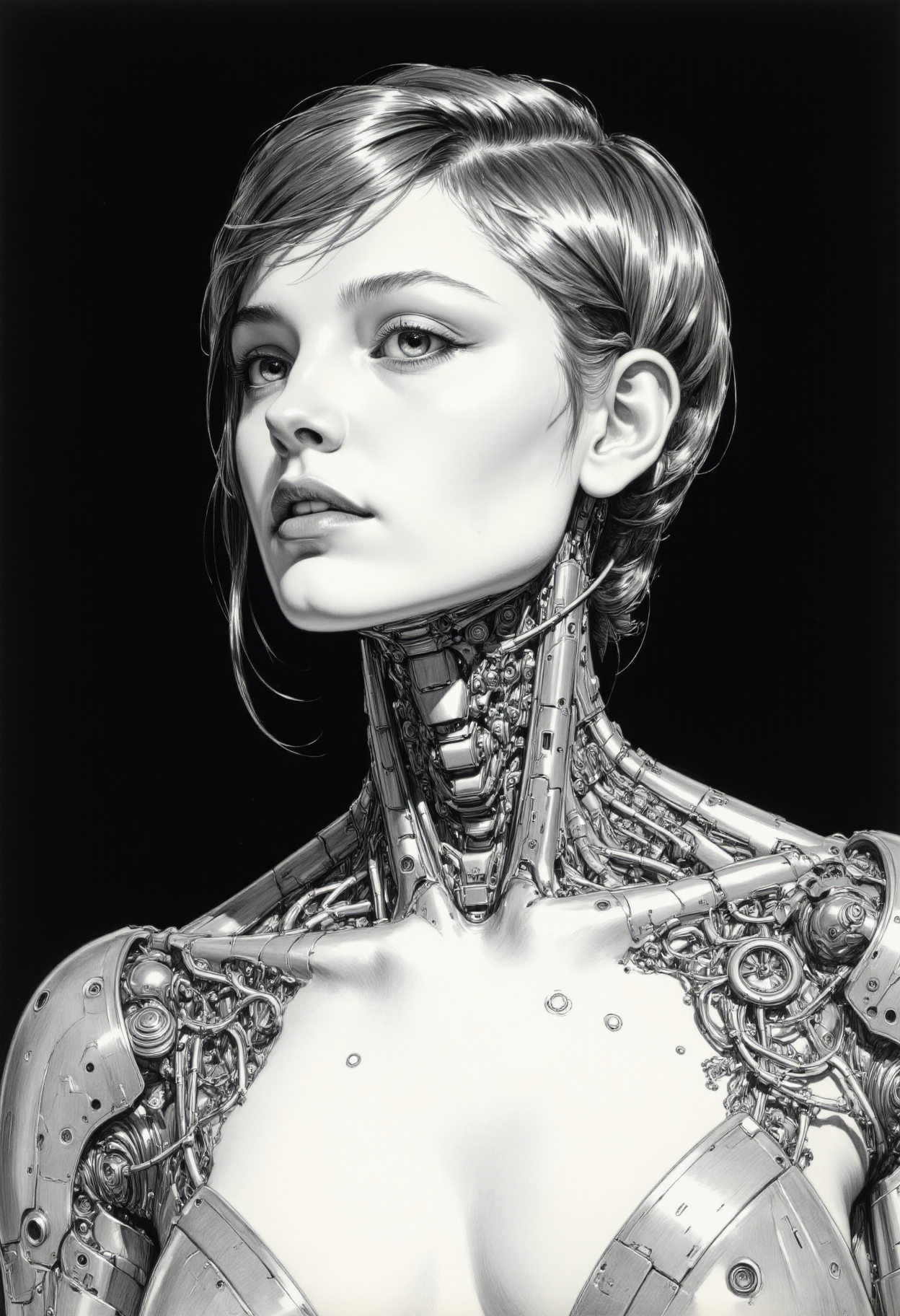 highly detailed and hyper realistic black and white drawing of a young woman with short hair and large, expressive eyes. Her skin is fair, and she has a slender physique. The woman is adorned with intricate, metallic cybernetic implants and wires that wrap around her neck and shoulders, giving her a futuristic, robotic appearance. The background is plain and dark, which contrasts with the metallic textures of the implants. The lighting is soft and even, highlighting the smooth texture of her skin and the glossy sheen of the metal. The camera angle is a three-quarter view, emphasizing her facial expression and the detailed craftsmanship of the cybernetic enhancements. 
 <lora:arti_monopencildrawing_v01-000008:0.8> artipencil01 <lora:sameface2:-0.5>  <lora:artisketchyfs-v02:0.5>  <lora:CPA:0.5> anime, cyberpunk