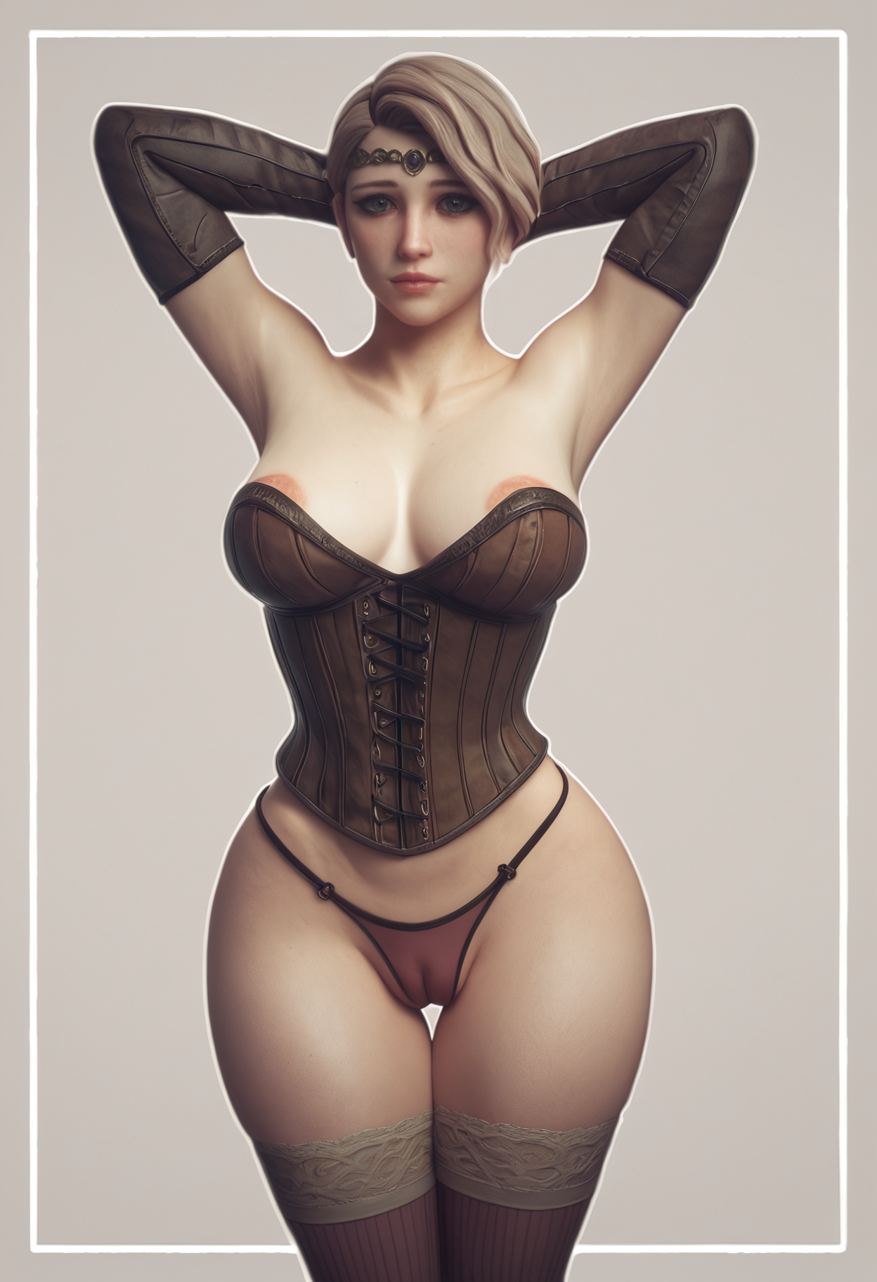 score_9, score_8_up, score_7_up,
 <lora:Jared999D_SKNFW:1> Jared999D_SKNFW, 
1girl, solo,
standing, arms behind head, 
looking at viewer, 
Light Brown hair, Crew Cut with Skin Fade,
tiny breasts breasts, 
corset, elbow gloves, thighhighs, 
bare shoulders, highleg panties, cameltoe, circlet, 
Colorful Wavy Stripes with Curves: A background with wavy stripes of different colors that follow gentle curves adding a sense of movement and elegance to the backdrop.,