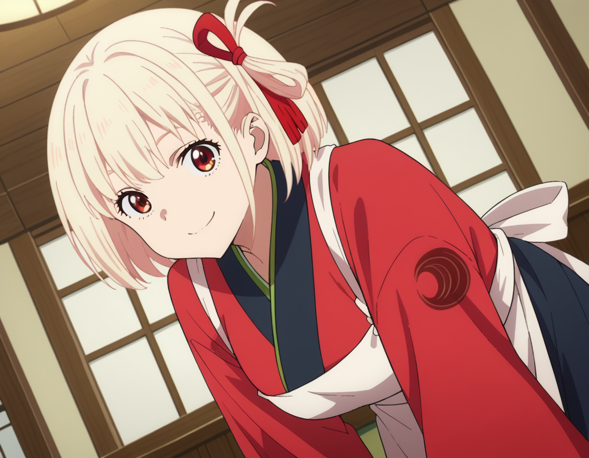 score_9, score_8_up, score_7_up, source_anime,
chisatonishikigi, <lora:chisato-nishikigi-s1-ponyxl-lora-nochekaiser:1>,
chisato nishikigi, short hair, bangs, blonde hair, red eyes, hair ribbon, one side up, bob cut,
japanese clothes, kimono, apron, red ribbon, waitress, red kimono,
indoors, smile, bent over,
looking at viewer, dutch angle, cowboy shot,