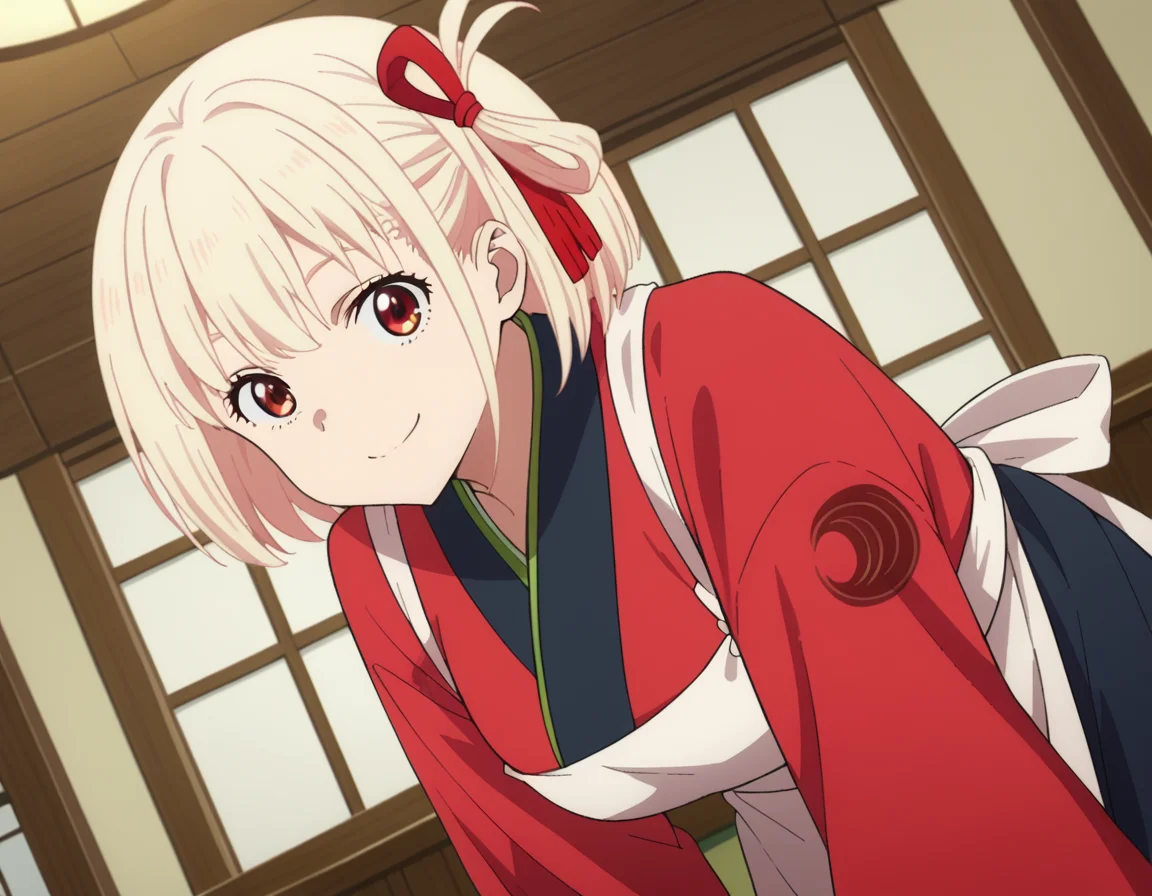 score_9, score_8_up, score_7_up, source_anime,
chisatonishikigi, <lora:chisato-nishikigi-s1-ponyxl-lora-nochekaiser:1>,
chisato nishikigi, short hair, bangs, blonde hair, red eyes, hair ribbon, one side up, bob cut,
japanese clothes, kimono, apron, red ribbon, waitress, red kimono,
indoors, smile, bent over,
looking at viewer, dutch angle, cowboy shot,