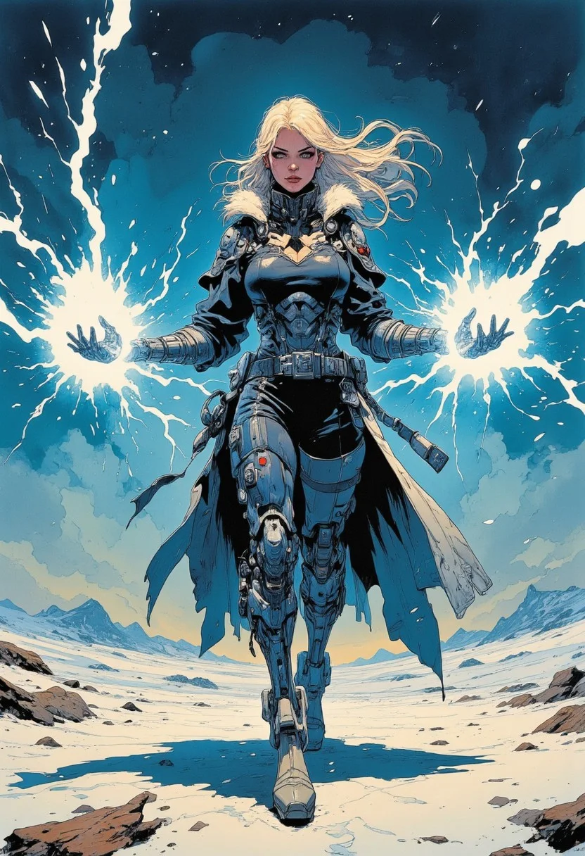A dynamic, comic book style night scene unfolds on a wide, snow-covered, desolate plain. A cybernetic female middle-aged fighter, seen from the front in a powerful martial arts stance, braces herself for battle. Her long-blone black hair whips back. She wears heavy navy jacket with a fur collar, and a thin white cape trailing in the wind. Her cyberpunk ((robotic arms)) glow with lightning energy, casting a bright blue radiance across the icy landscape. Cold moonlight reflects casting an ethereal, bluish glow that contrasts with the mage’s warm firelight. Snow flurries between, amplifying the chilling sense of isolation and anticipation in the vast night scene. Framed cinematically, the image contrasts intense orange and blue, with detailed textures.