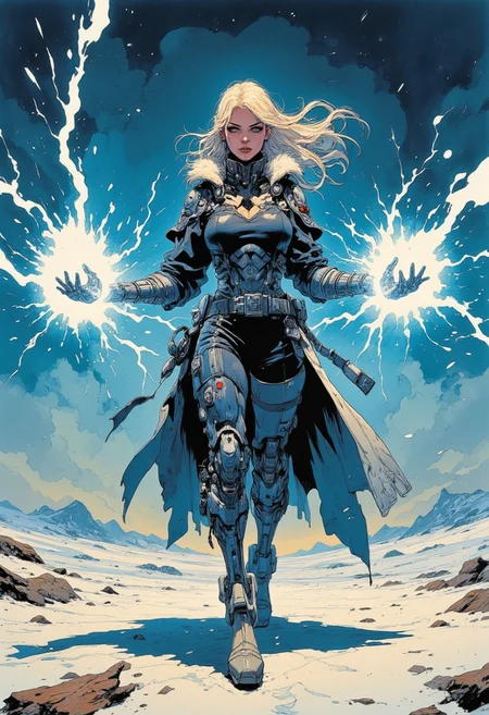 A dynamic, comic book style night scene unfolds on a wide, snow-covered, desolate plain. A cybernetic female middle-aged fighter, seen from the front in a powerful martial arts stance, braces herself for battle. Her long-blone black hair whips back. She wears heavy navy jacket with a fur collar, and a thin white cape trailing in the wind. Her cyberpunk ((robotic arms)) glow with lightning energy, casting a bright blue radiance across the icy landscape. Cold moonlight reflects casting an ethereal, bluish glow that contrasts with the mage’s warm firelight. Snow flurries between, amplifying the chilling sense of isolation and anticipation in the vast night scene. Framed cinematically, the image contrasts intense orange and blue, with detailed textures.