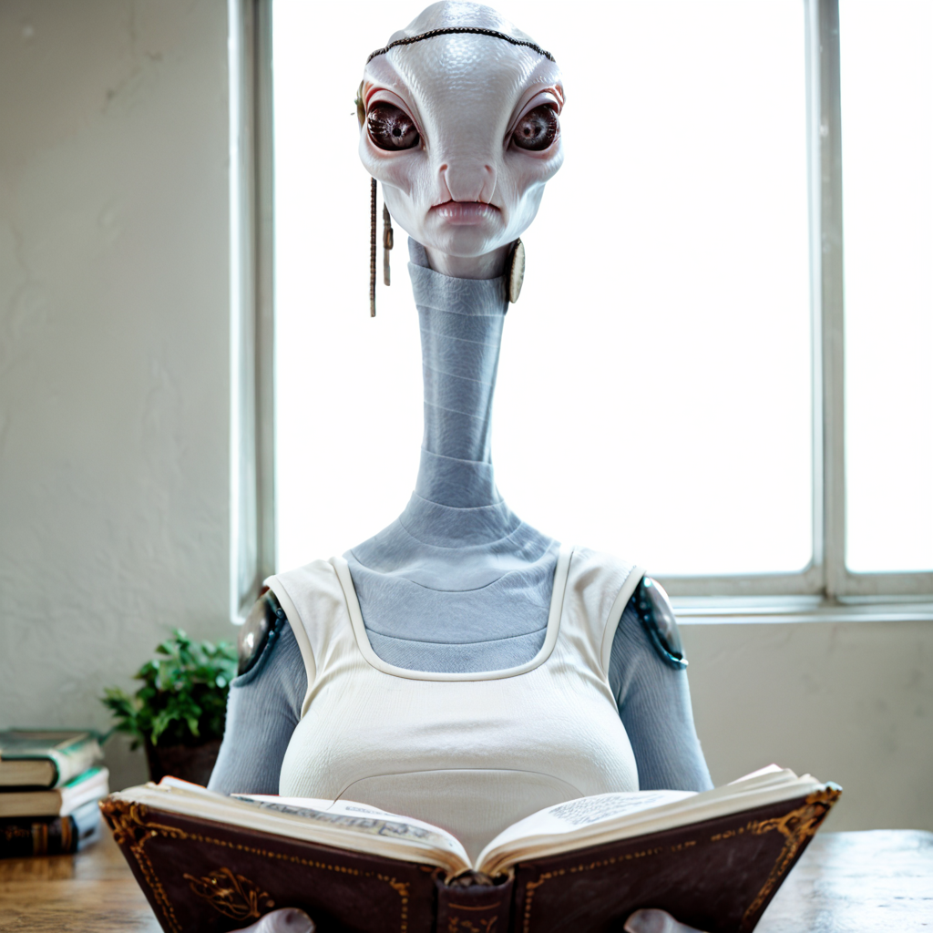 PDXLxxx, score_9, score_8_up, score_7_up, score_6_up,  source_furry, source_monster, rating_safe, raw, photo, 1dk, portrait, huge breasts<lora:kaminoan:1>kaminoan, alien, long neck, full body, reading a book,