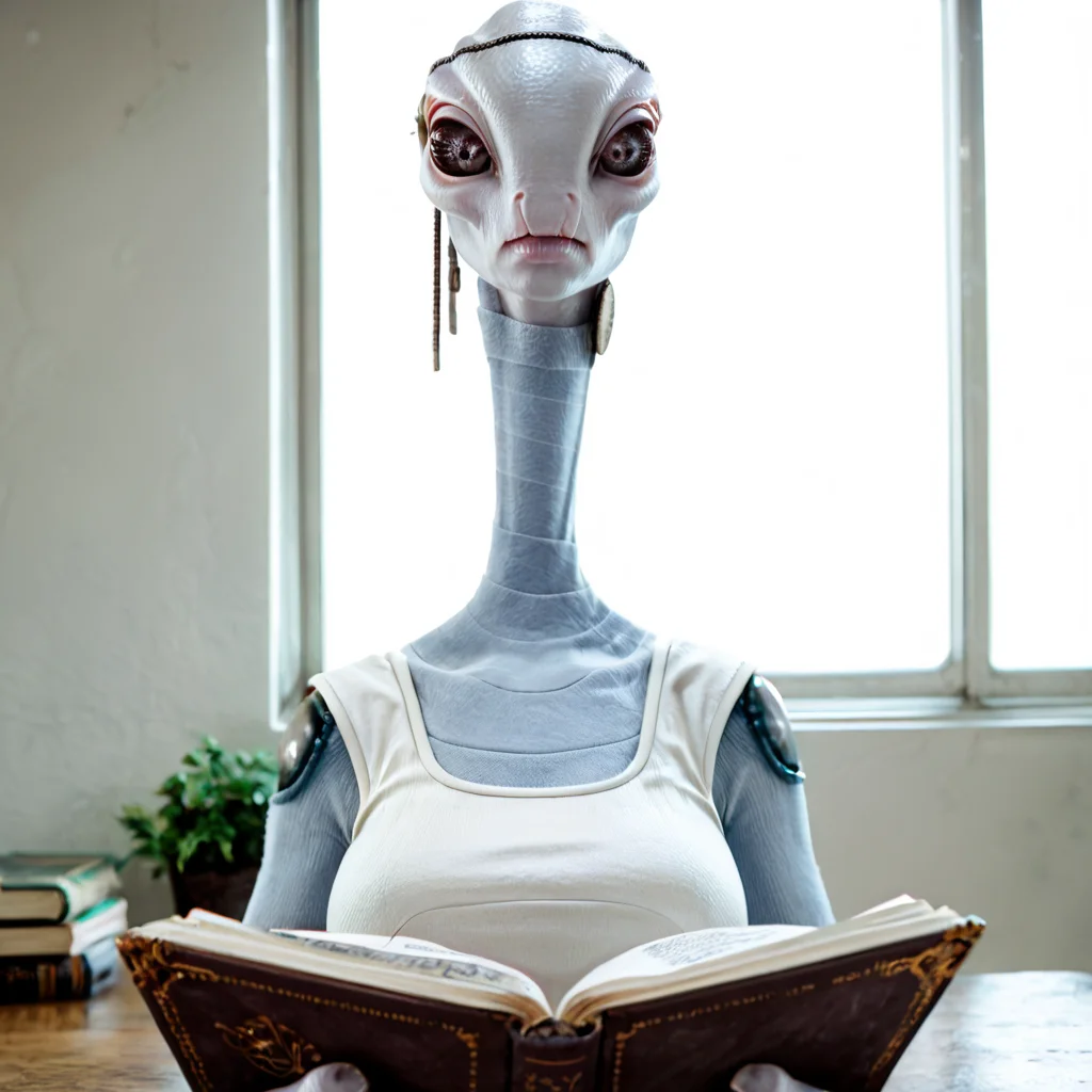 PDXLxxx, score_9, score_8_up, score_7_up, score_6_up, source_furry, source_monster, rating_safe, raw, photo, 1dk, portrait, huge breasts<lora:kaminoan:1>kaminoan, alien, long neck, full body, reading a book,
