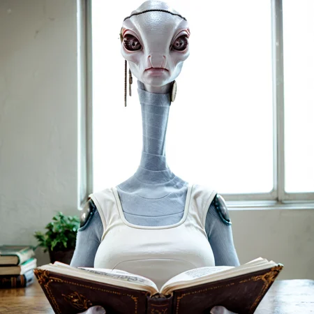 PDXLxxx, score_9, score_8_up, score_7_up, score_6_up, source_furry, source_monster, rating_safe, raw, photo, 1dk, portrait, huge breasts<lora:kaminoan:1>kaminoan, alien, long neck, full body, reading a book,