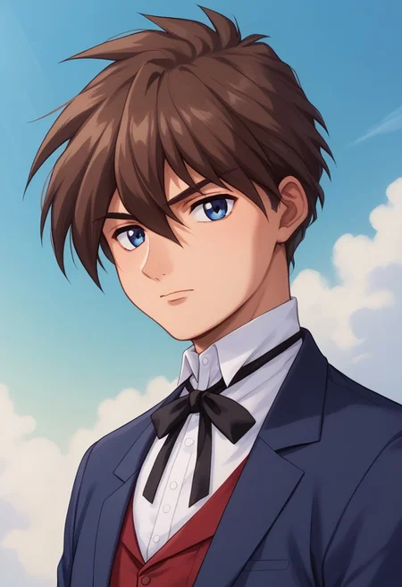 score_9, score_8_up, score_7_up, source_anime, highly detailed,
heeroyui, 1boy, male focus, solo, brown hair, formal, suit, upper body, looking at viewer,
vest, hair between eyes, shirt, ribbon white shirt, closed mouth, jacket, blue jacket, school uniform, blue eyes, red vest, upper body, black ribbon, neck ribbon,
outdoor, sky,
