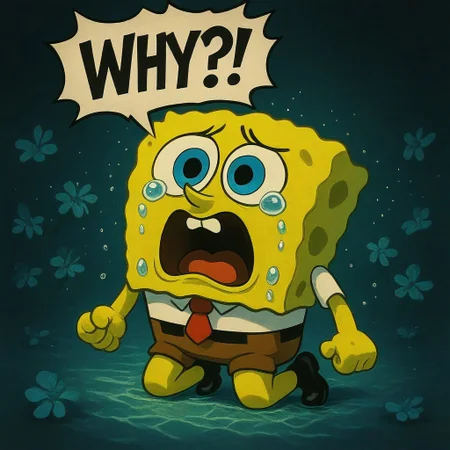 Spongebob, no humans, screaming, kneeling, WHY?!, speech bubble, blue_eyes, yellow_Skin, underwater floral background, black footwear, buck teeth, red necktie, brown shorts, sad, crying, dramatic, modern