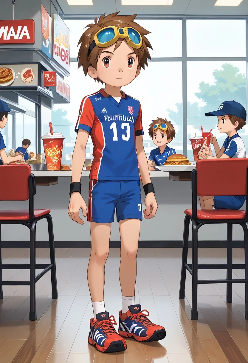 score_9, score_8_up, score_7_up, zPDXL2,
,
1boy, solo, goggles on head, brown hair, volleyball uniform,full body,Fast Food Restaurant