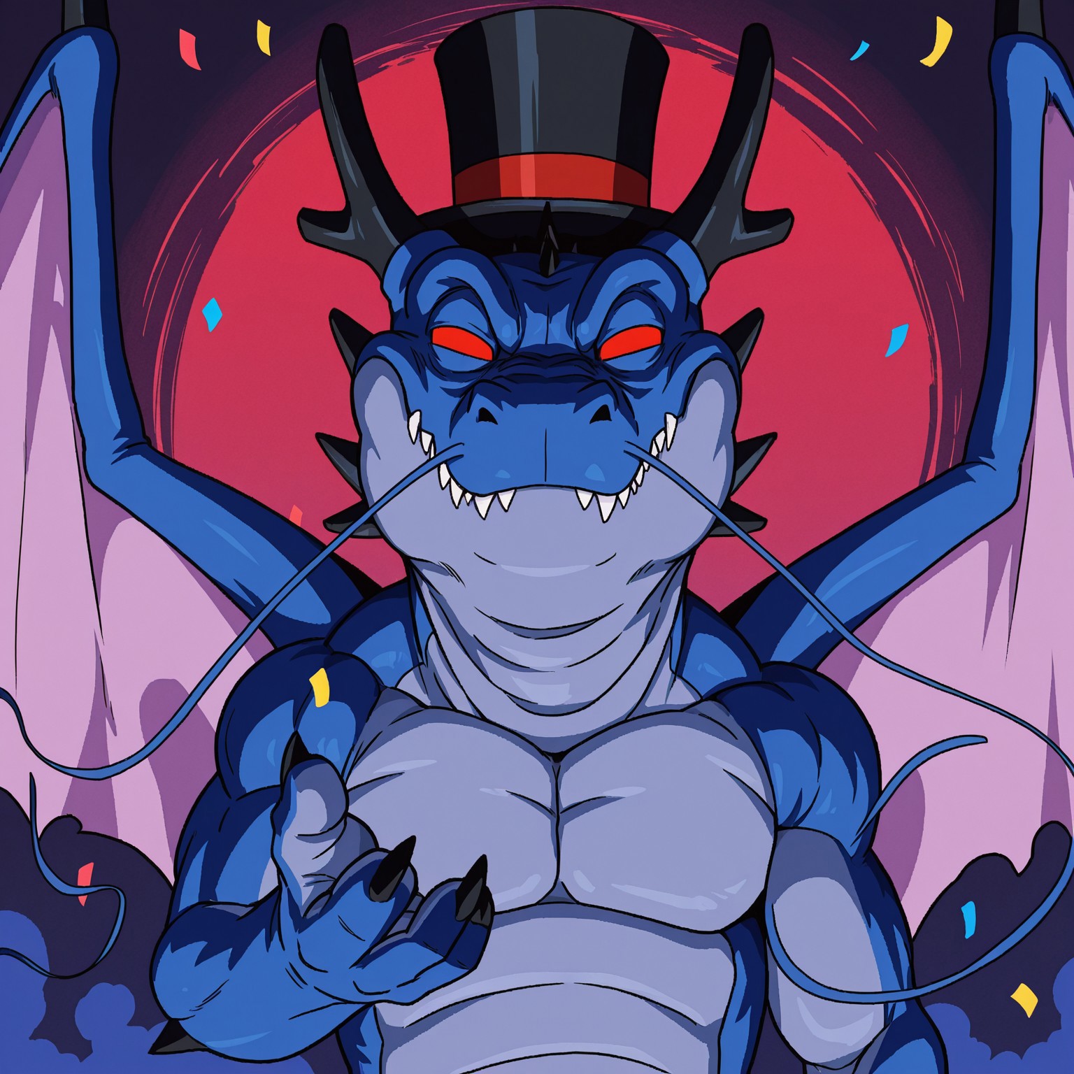 Blacksmoke, solo, 2d, male, eastern dragon, wings, blue body, blue skin, blue scales, scalie, whiskers, barbel, red eyes, two tone skin, no pupils, black horns, sharp teeth, black claws, wings, black spikes, arm spikes

BREAK top hat, grinning, happy, lending hand towards viewer, inviting, looking at viewer, abstract background, confetti, blue smoke