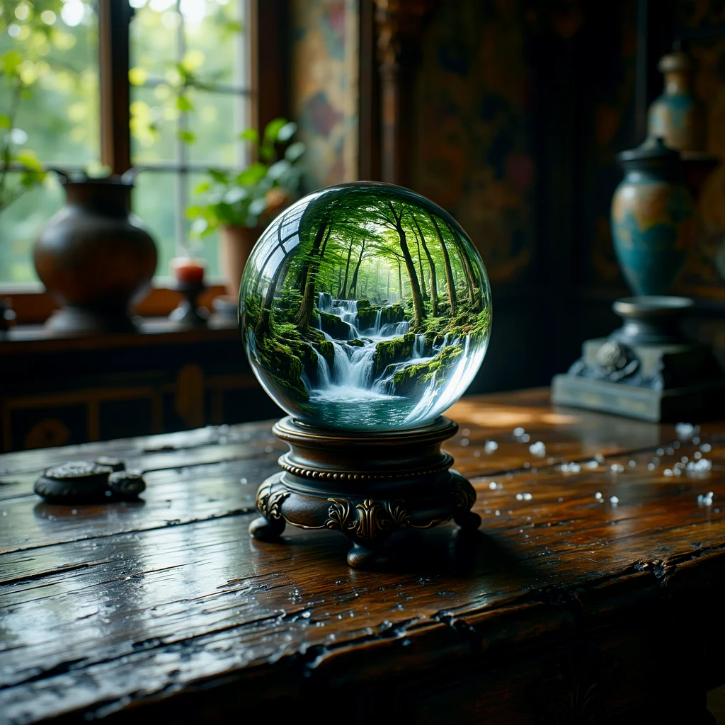 Within a crystal ball (on an old worn wooded table), we see a waterfall. A river of water pours into the room.

mystcorbCE_style