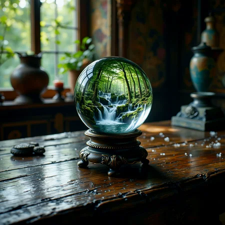 Within a crystal ball (on an old worn wooded table), we see a waterfall. A river of water pours into the room.

mystcorbCE_style