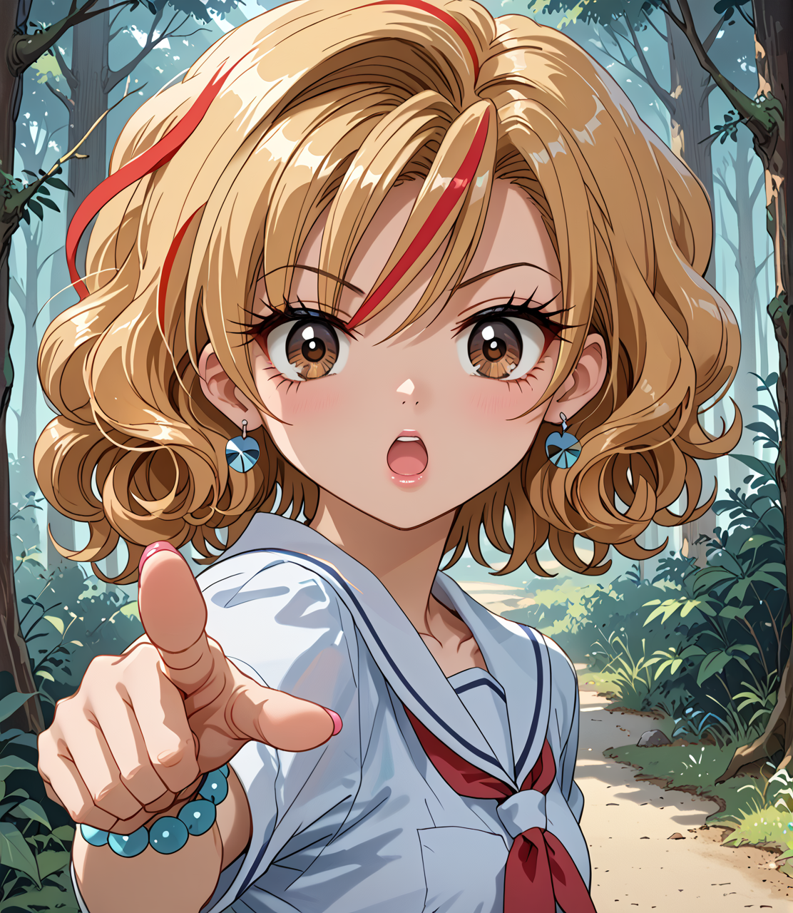 PonyScores7, source_anime, ah1,  <lora:natsumi_style:1>, BREAK  <lora:Kotobuki_Ran_r2:0.8> kotobukiran, 1girl, (curly hair), gyaru, kogal, school uniform, skirt, blonde, bangle, brown eyes, earrings, jewelry, multicolored hair, red hair lock, streaked hair, (surprised expression, wide-open eyes, arched shoulders), (one arm pointing, body in a twist, legs in a walking position, curious and alert body language), (The Enchanted Forest), looking at viewer, BREAK <lora:xl_more_art-full_v1:0.2>, <lora:shinyskin2:0.2> glistening skin, <lora:aesthetic_anime_v1s:0.2>, <lora:Expressive_H:0.2> Expressiveh, <lora:hairdetailpxl:0.2> hairdetailpxl, <lora:EpicF4nta5yXL:0.2>, <lora:detailxl:0.2> detailxl, <lora:Fant5yP0ny:0.2>, best quality, amazing quality, best aesthetic, absurdres, <lora:expressive eyes:0.2> expressive eyes, <lora:eyedetailpxl:0.2> eyedetailpxl, illustration, Volumetric_Lighting, ultra-detailed, very aesthetic, intricate details, 8k, masterpiece, best_quality, BREAK (Extreme Close-Up shot), BREAK <lora:Eyes_High_Definition:0.3> EyesHD, Stable_Yogis_PDXL_Positives, AS-Adult, <lora:Complicated fantasy portrait - XL Pony V2.0:0.4>, bad-hands-5,