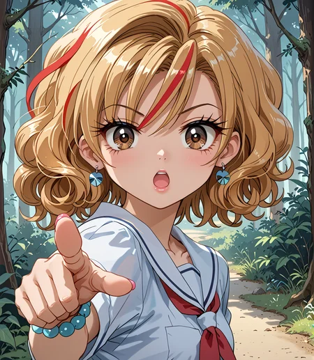 PonyScores7, source_anime, ah1,  <lora:natsumi_style:1>, BREAK  <lora:Kotobuki_Ran_r2:0.8> kotobukiran, 1girl, (curly hair), gyaru, kogal, school uniform, skirt, blonde, bangle, brown eyes, earrings, jewelry, multicolored hair, red hair lock, streaked hair, (surprised expression, wide-open eyes, arched shoulders), (one arm pointing, body in a twist, legs in a walking position, curious and alert body language), (The Enchanted Forest), looking at viewer, BREAK <lora:xl_more_art-full_v1:0.2>, <lora:shinyskin2:0.2> glistening skin, <lora:aesthetic_anime_v1s:0.2>, <lora:Expressive_H:0.2> Expressiveh, <lora:hairdetailpxl:0.2> hairdetailpxl, <lora:EpicF4nta5yXL:0.2>, <lora:detailxl:0.2> detailxl, <lora:Fant5yP0ny:0.2>, best quality, amazing quality, best aesthetic, absurdres, <lora:expressive eyes:0.2> expressive eyes, <lora:eyedetailpxl:0.2> eyedetailpxl, illustration, Volumetric_Lighting, ultra-detailed, very aesthetic, intricate details, 8k, masterpiece, best_quality, BREAK (Extreme Close-Up shot), BREAK <lora:Eyes_High_Definition:0.3> EyesHD, Stable_Yogis_PDXL_Positives, AS-Adult, <lora:Complicated fantasy portrait - XL Pony V2.0:0.4>, bad-hands-5,