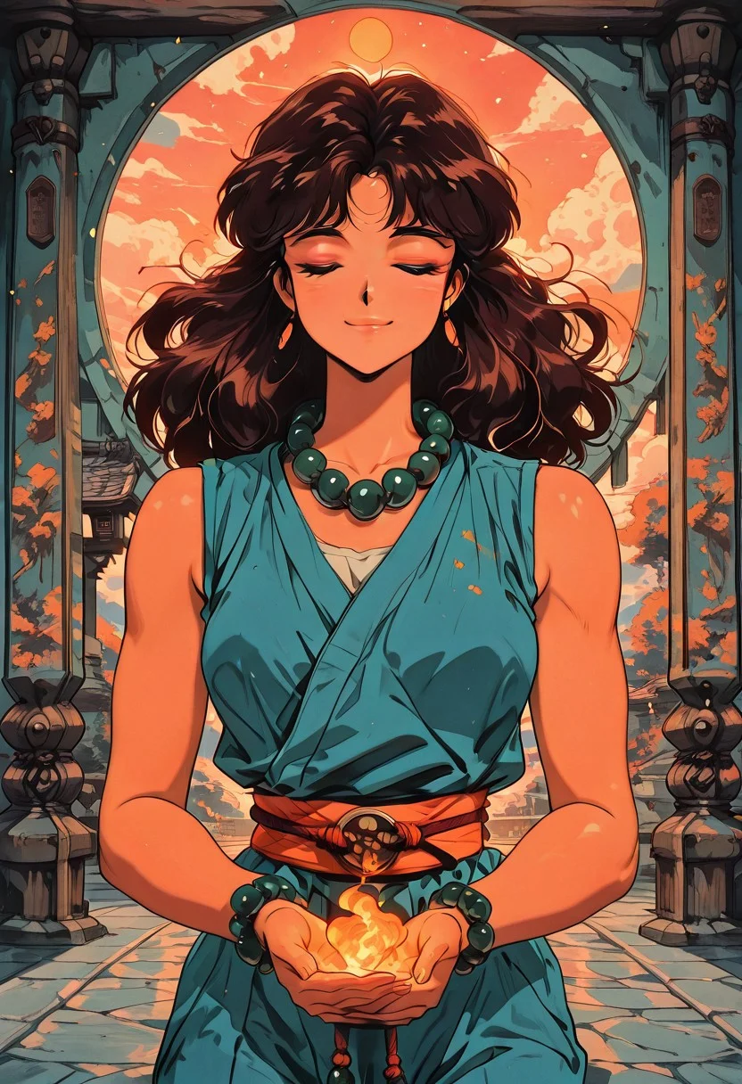 masterpiece, best quality, good quality, very aesthetic, absurdres, newest, pinkretroanime, retro art, in the style of cksc, JeddtlIL, dynamic angle, 1girl, closed eyes, solo, monk, athletic, spiritual warrior, sleeveless gi, happy smile, prayer beads, meditating, floating, serene training grounds, warm color palette