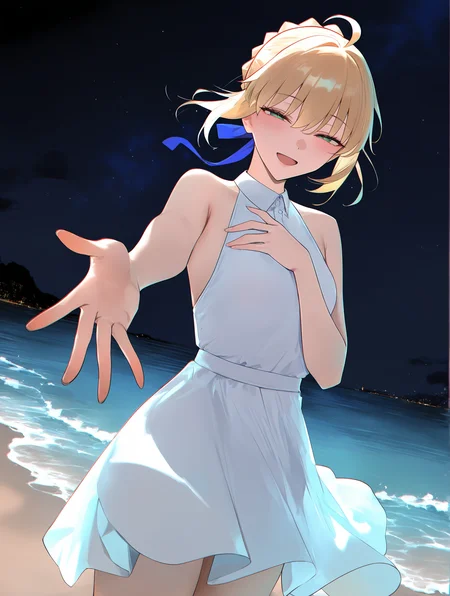 masterpiece, best quality, newest, very awa, absurdres, highres,
<lora:misaka-gou_s62:1> chromatic aberration,
1girl, solo, outstretched hand, foreshortening, cowboy shot, dynamic pose, hand on own chest,
saber \(fate\), blonde hair, smile, small breasts, dutch angle, standing, looking at viewer, pov,
beach, ocean, white dress, (backlighting), :d, half-closed eyes, night sky, starry sky, dark background, (blue bow:0.4),