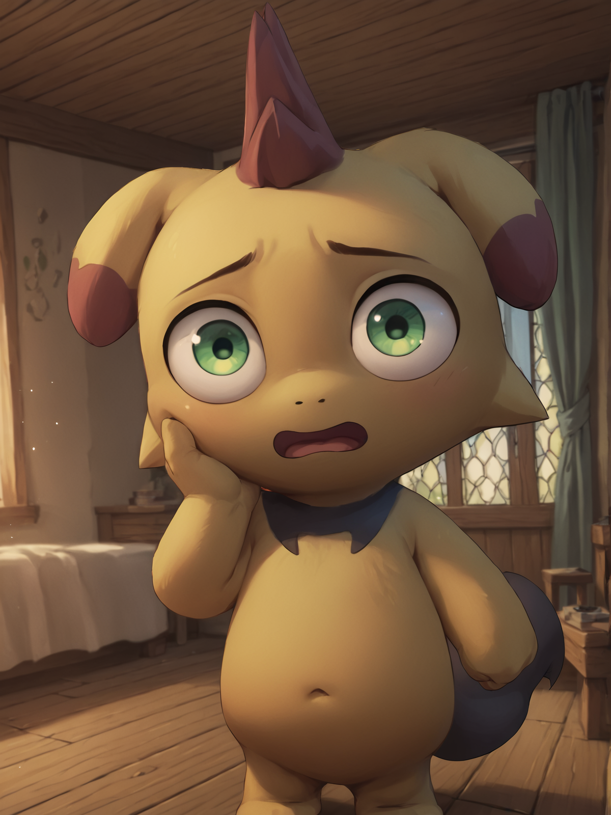 score_9, score_8_up, score_7_up, score_6_up, score_5_up, score_4_up, best quality, highres, detailed background, inside BREAK
<lora:Depresso:1> depresso, yellow body, green eyes, looking at viewer, wide eyed, surprised expression, open mouth, hand on face, standing