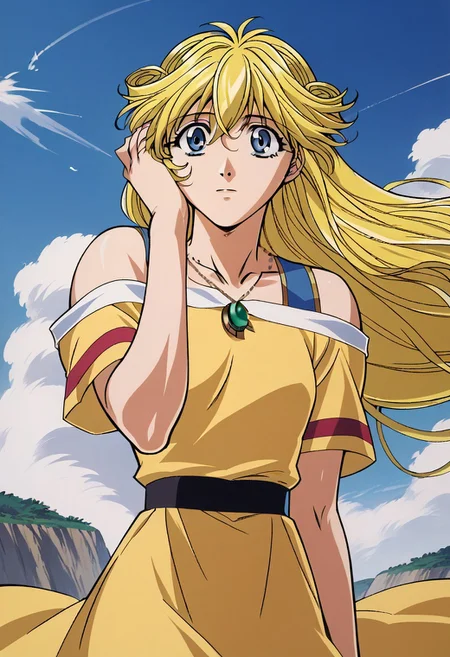score_9_up, score_8_up, score_7_up, (1990S STYLE), CLEAO EVERLASTING (1998), 1girl, solo, long hair, blue eyes, blonde hair, dress, bare shoulders, jewelry, sky, day, necklace, wind, hand on own face, pendant, yellow dress