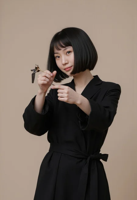 Asian girl. with a black bobcut.dressed as a 
ninja, throwing a shuriken, FictionalAyumi