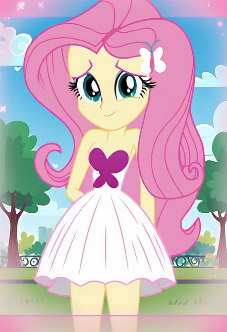 strapless white dress, blue sky, green park, outdoors, park, small breasts, looking at viewer, strapless dress, pink butterfly, Fluttershy, butterfly chest cover, white skirt, smiling, detailed eyes, detailed eyebrows, petite body, legs exposed, 1girl, solo, strapless, shy expression, ((equestria girls, show accurate:1.2)), cute, Equestria Girls